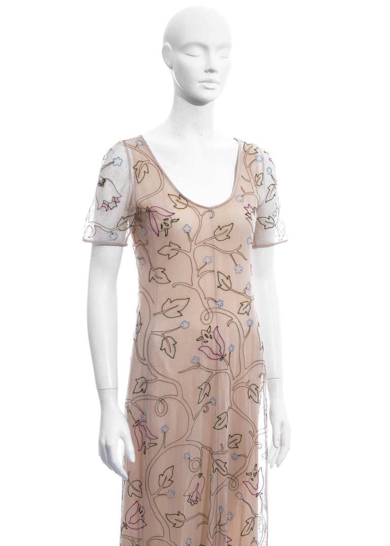 Prada nude silk mesh floral embroidered maxi dress, ss 1997 at 1stDibs