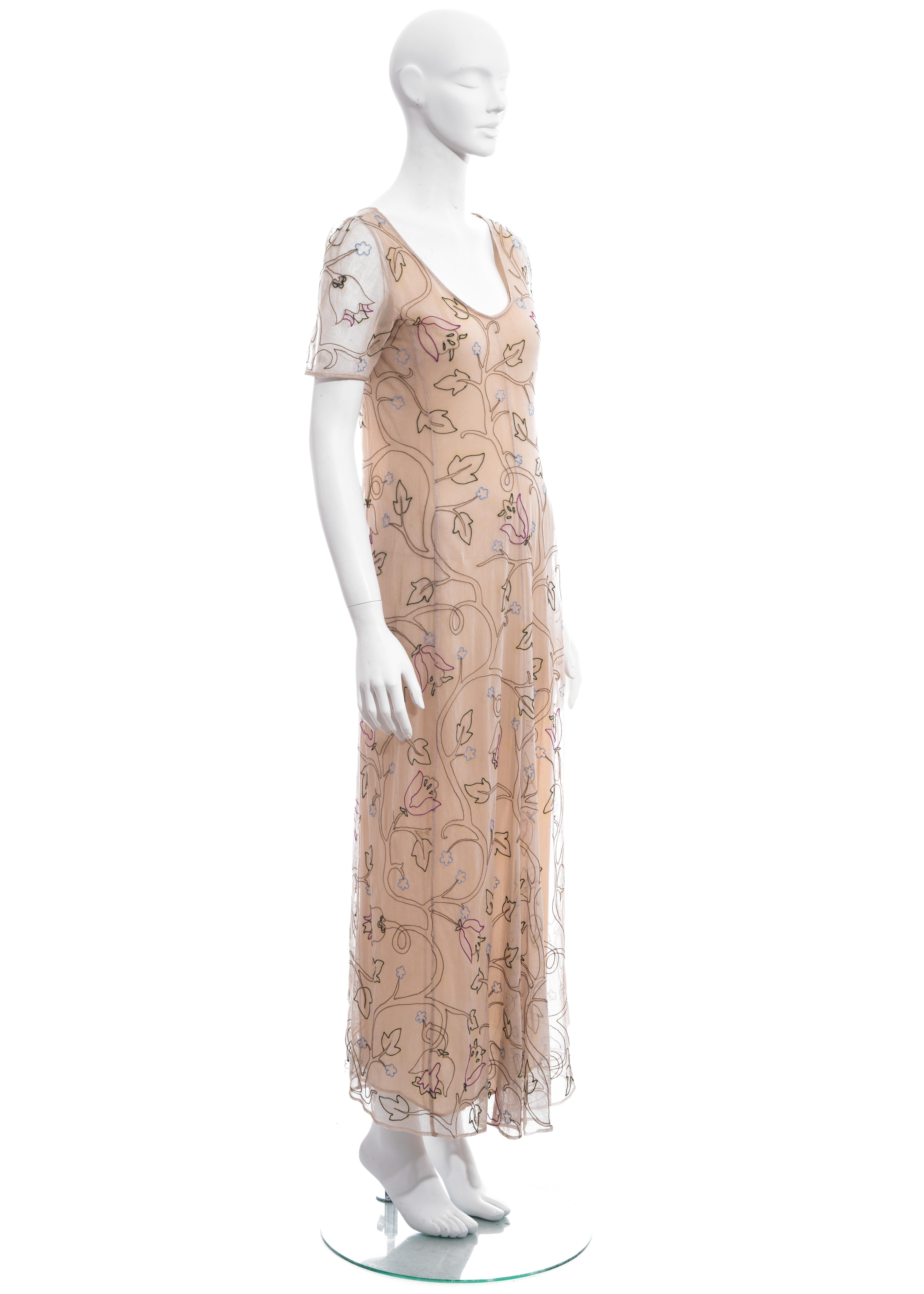 Brown Prada nude silk mesh floral embroidered maxi dress, ss 1997