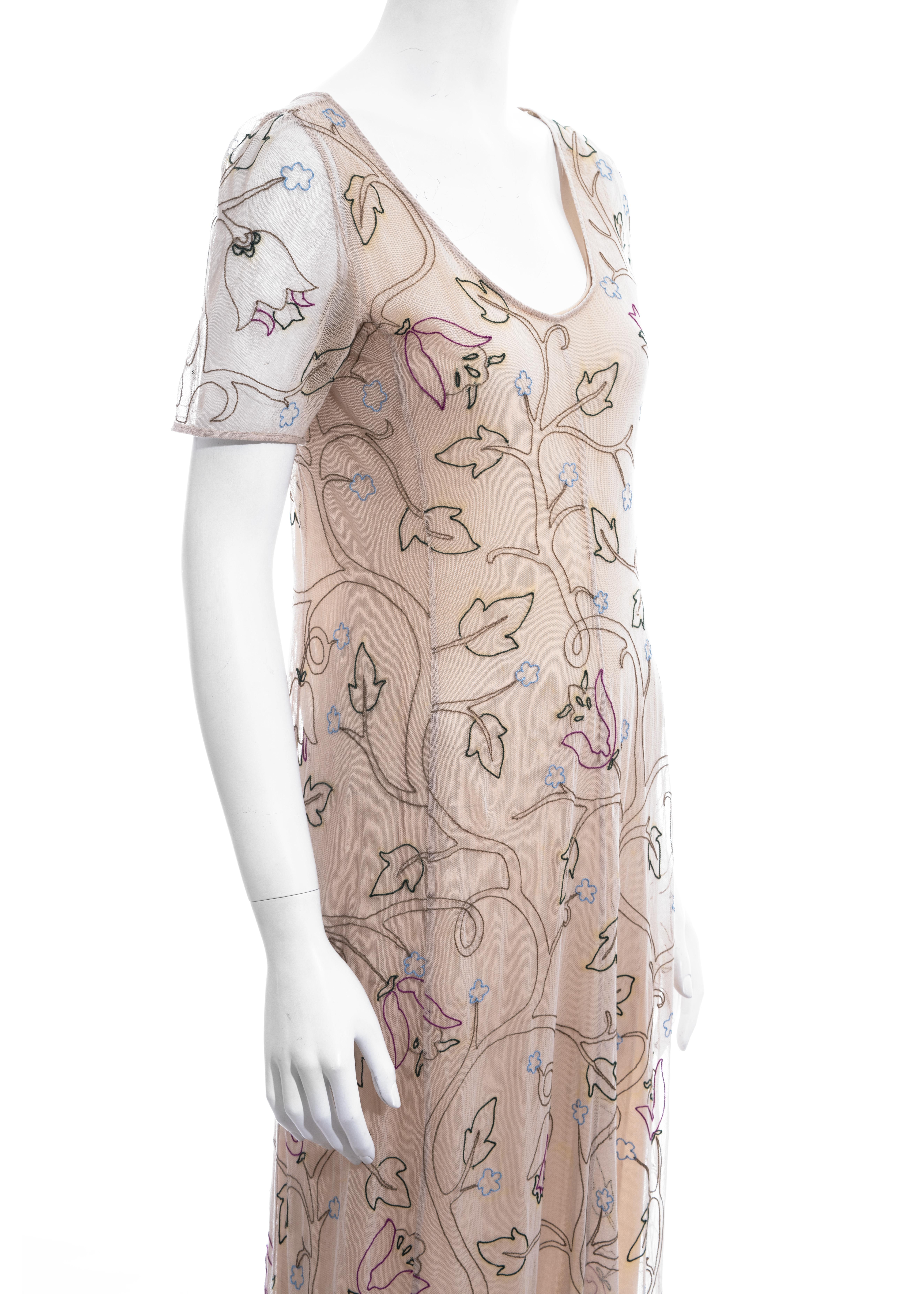 Prada nude silk mesh floral embroidered maxi dress, ss 1997 In Good Condition In London, GB