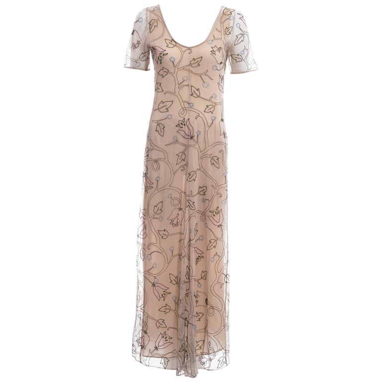 Prada nude silk mesh floral embroidered maxi dress, ss 1997 at 1stDibs | prada mesh dress, nude silk maxi dress, prada 1997 Prada nude silk mesh floral embroidered maxi dress, ss 1997 at 1stDibs | prada mesh dress, nude silk maxi dress, prada 1997