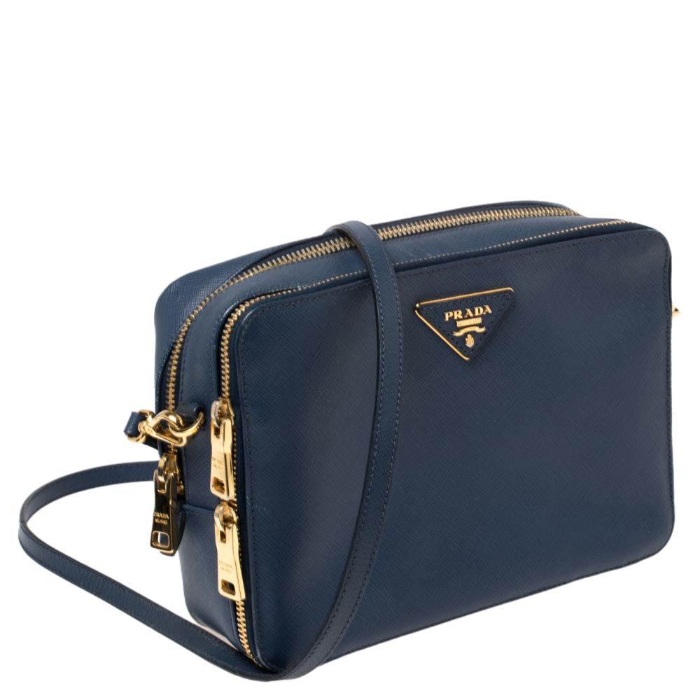Prada Nvay Blue Saffiano Leather Camera Double Zip Shoulder Bag In Good Condition In Dubai, Al Qouz 2