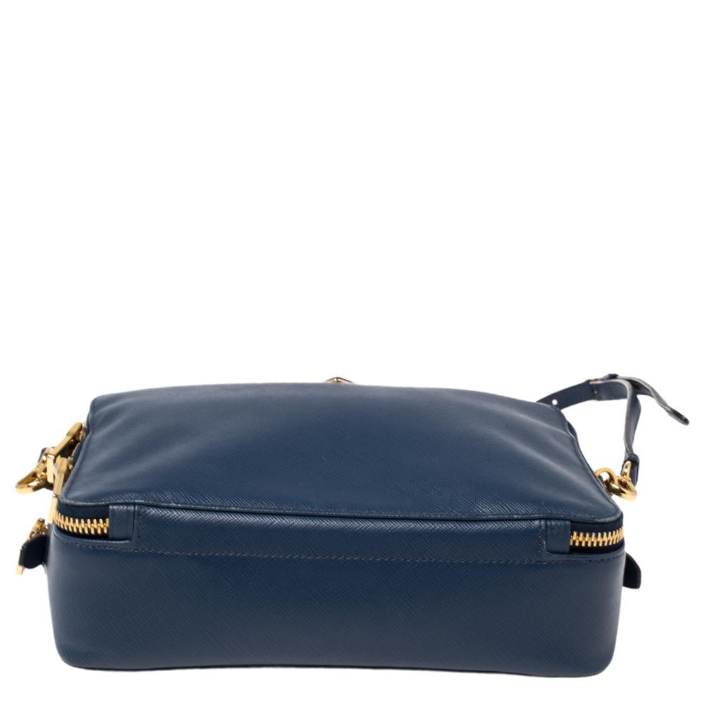 Women's Prada Nvay Blue Saffiano Leather Camera Double Zip Shoulder Bag