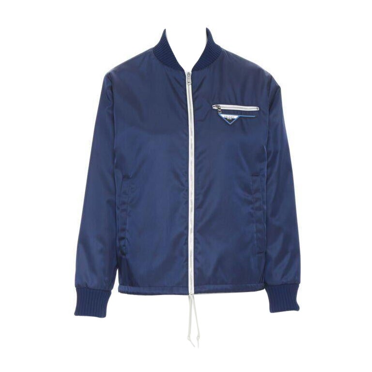 PRADA Nylon 2018 blue triangle rubber logo zip front bomber jacket IT40 S
