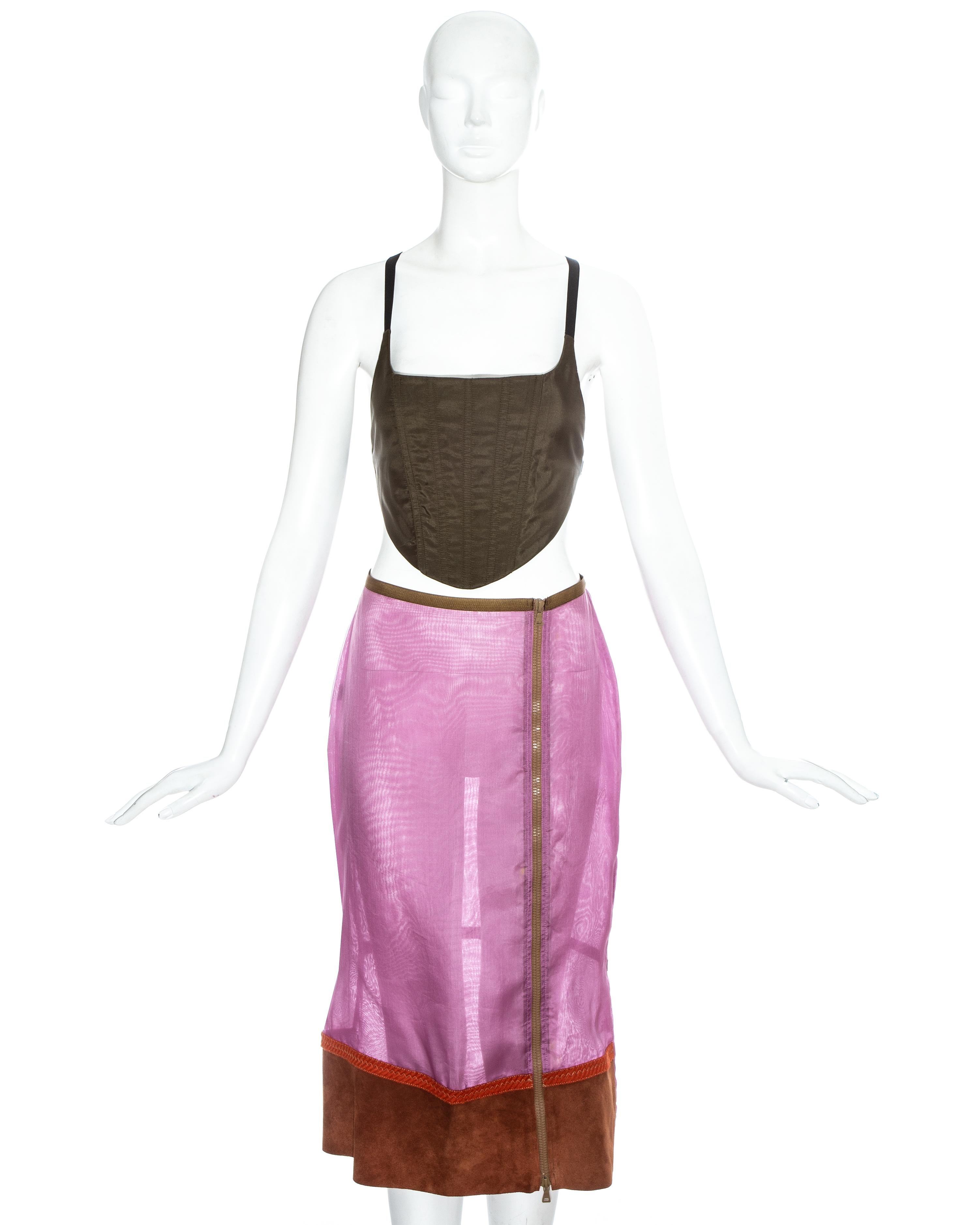 Prada runway ensemble. Green nylon corset with adjustable velcro straps. Pink organza pencil skirt with full length zip fastening, suede panel on the hem and adjustable velcro fastening at the back. 

Fall-Winter 1999
