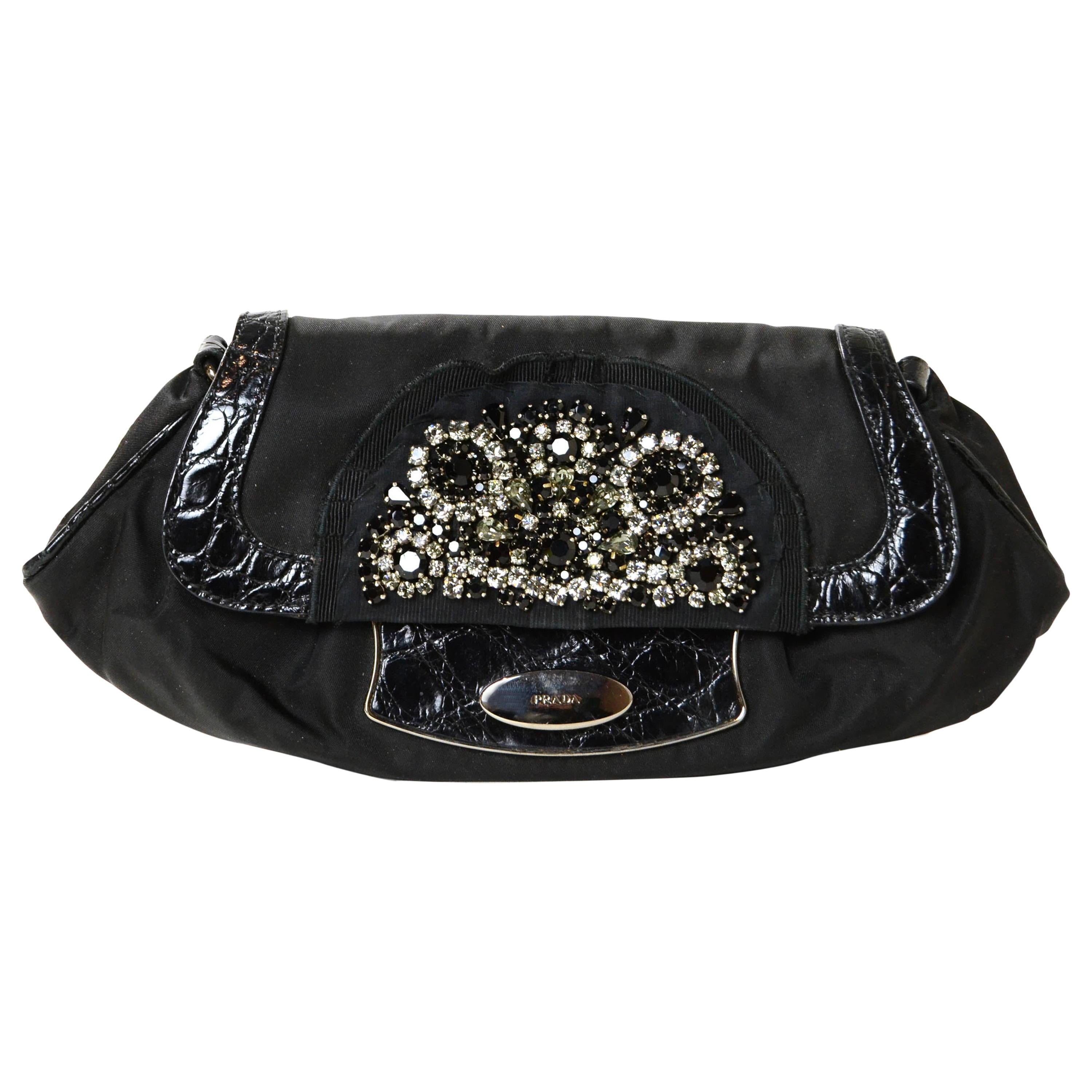 Prada Nylon Clutch Bag w/ Crystal Encrusted & Crocodile Detail