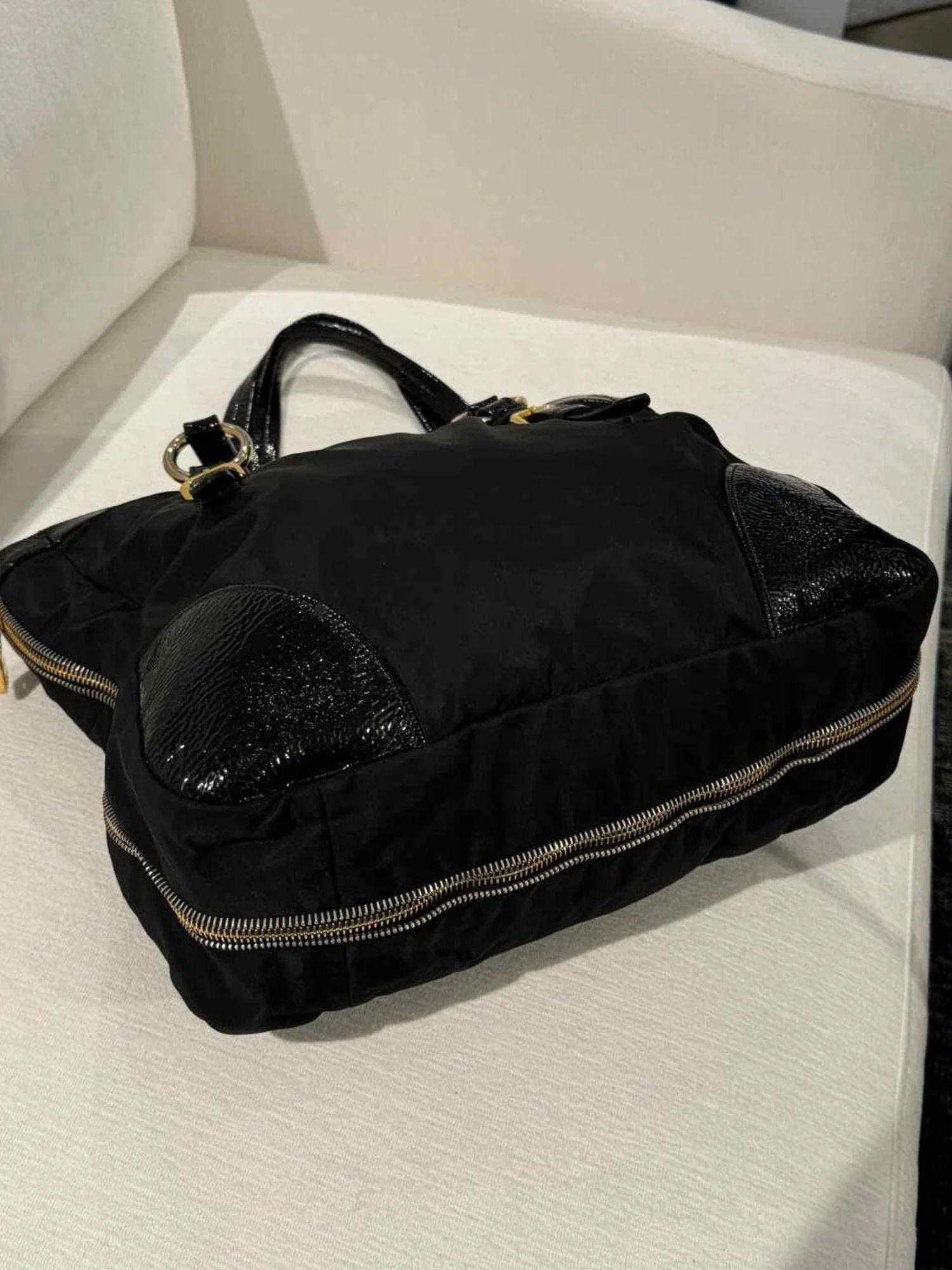 Black Prada Nylon Patent Leather Corners Zip Tote Bag Large For Sale