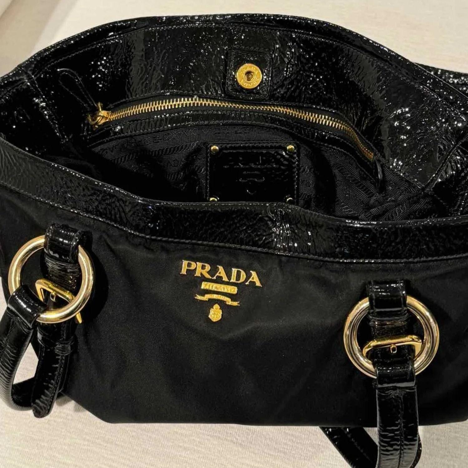 Women's Prada Nylon Patent Leather Corners Zip Tote Bag Large For Sale