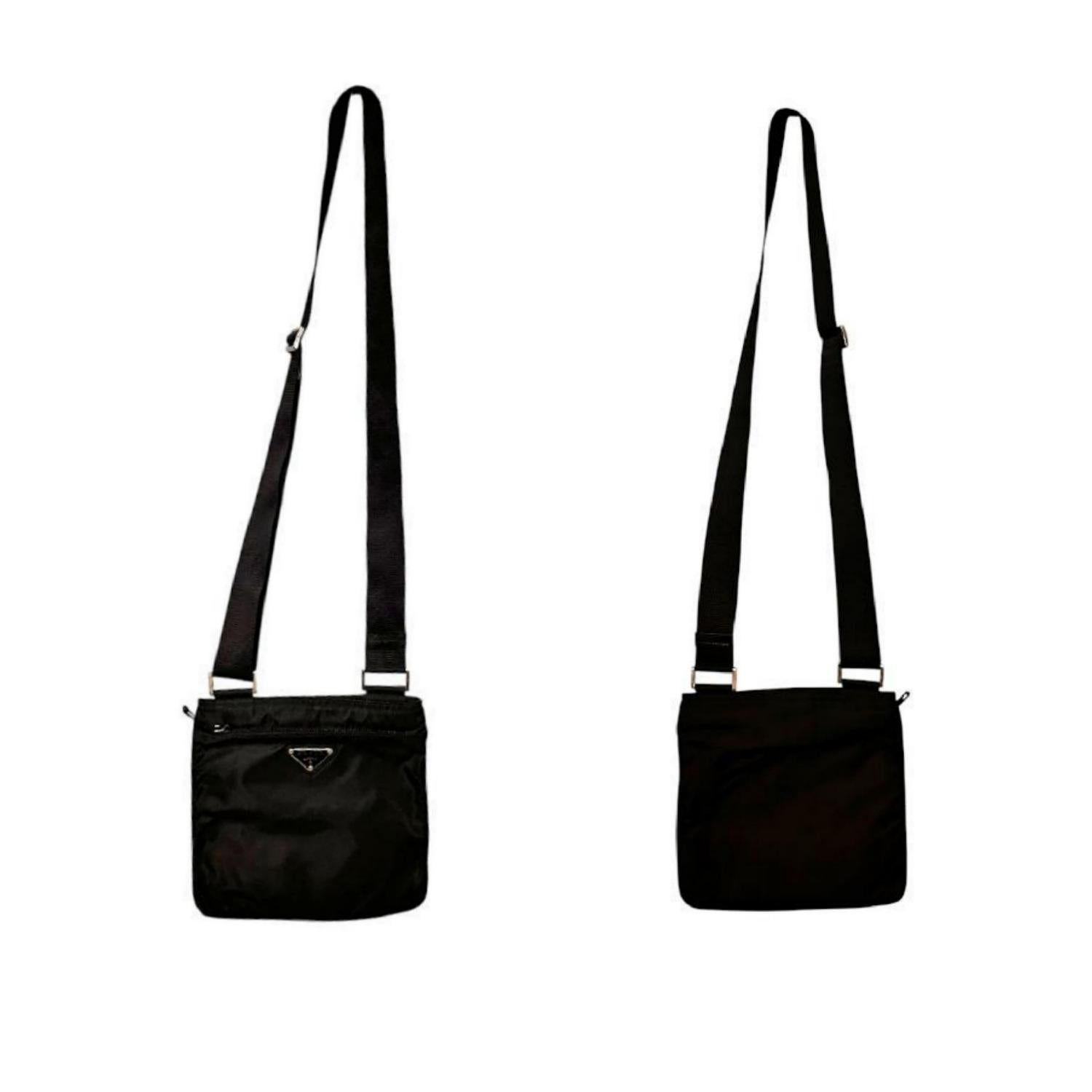 Prada Nylon Vela Tracolla Messenger Bag in Black. This messenger bag is crafted of fine tessuto nylon in black. It features an adjustable canvas crossbody strap, front zipper pocket and silver-tone hardware. The top zipper opens to a black Prada