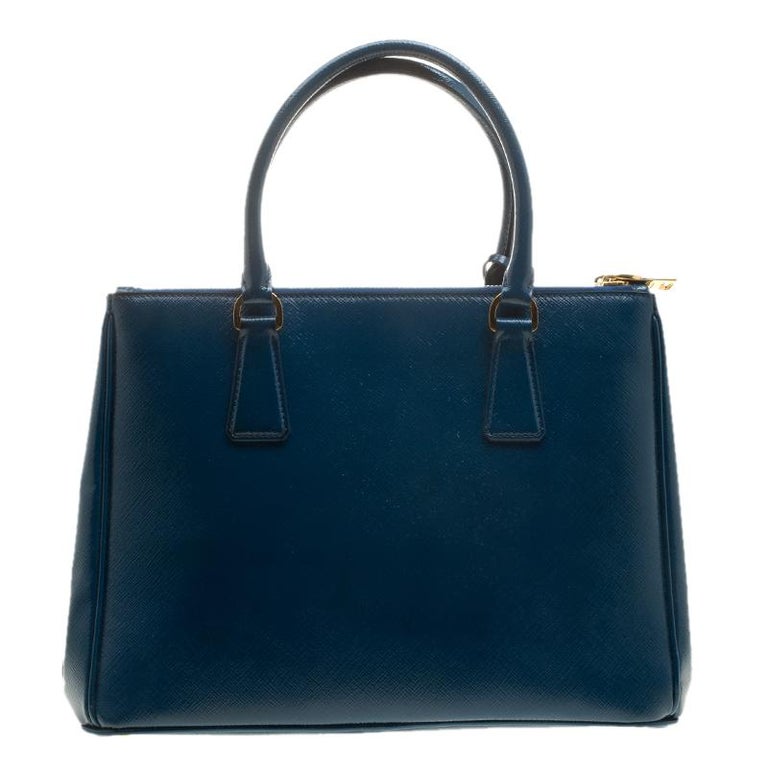 Prada Ocean Blue Saffiano Patent Leather Medium Front Pocket Double Zip ...