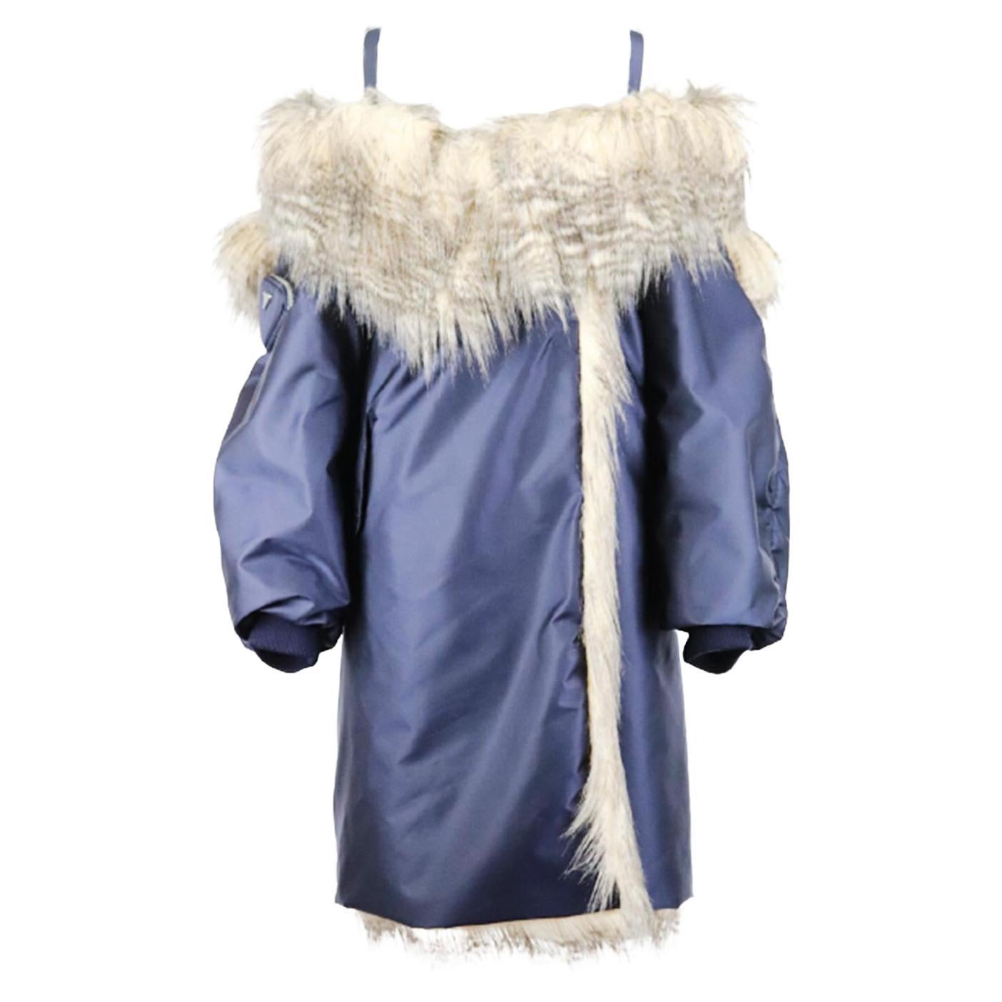 Prada Off The Shoulder Faux Fur Lined Nylon Coat IT 44 UK 12 