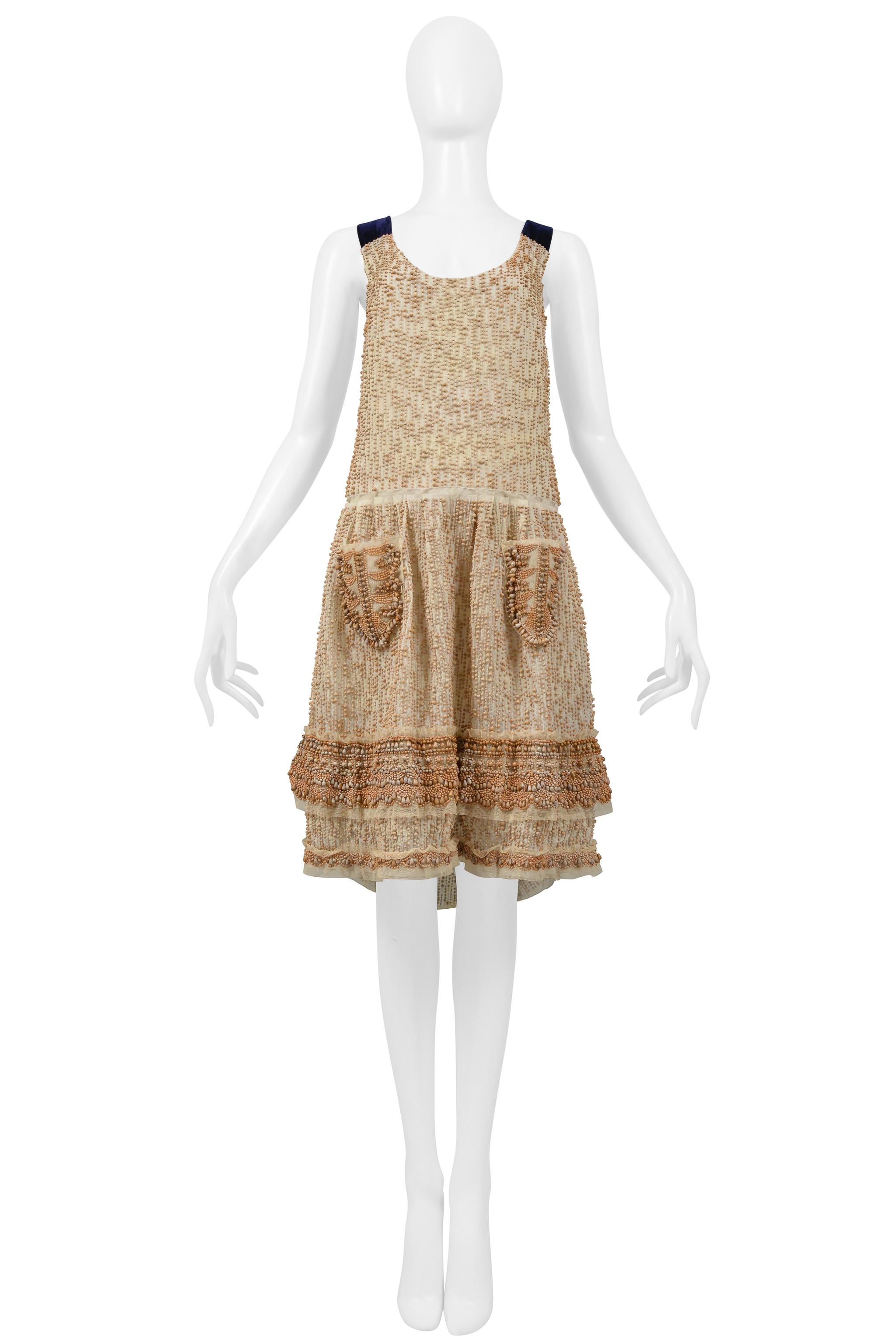 Beige Abito da festa con perline di Prada Off-White e spalline di velluto blu 2006