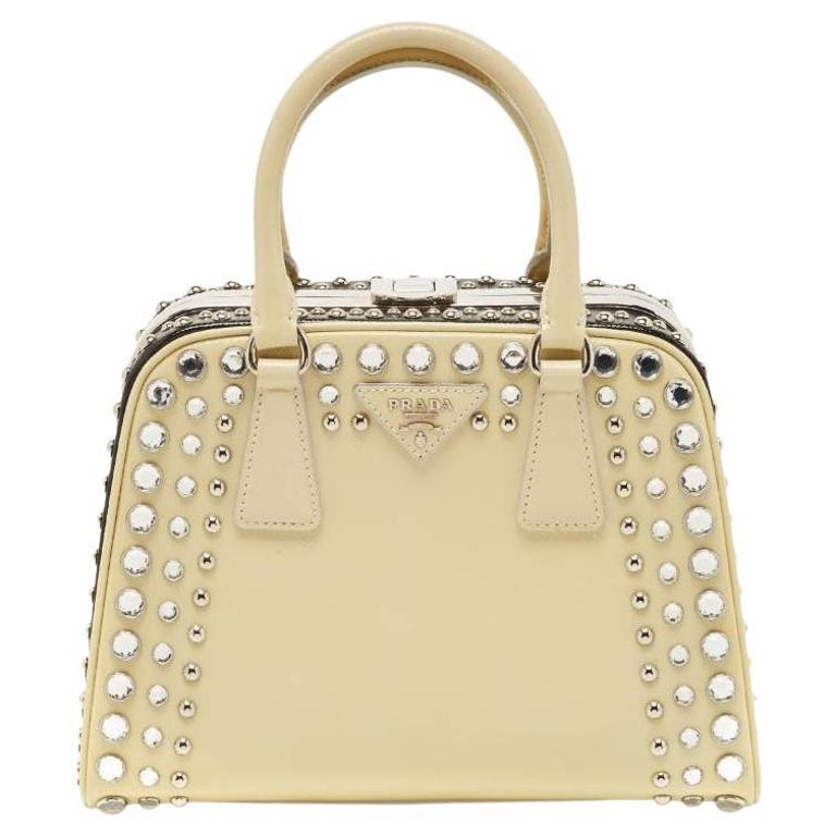Prada Off White/Black Saffiano Vernice Leather Small Crystal Studded  Pyramid Fra For Sale at 1stDibs