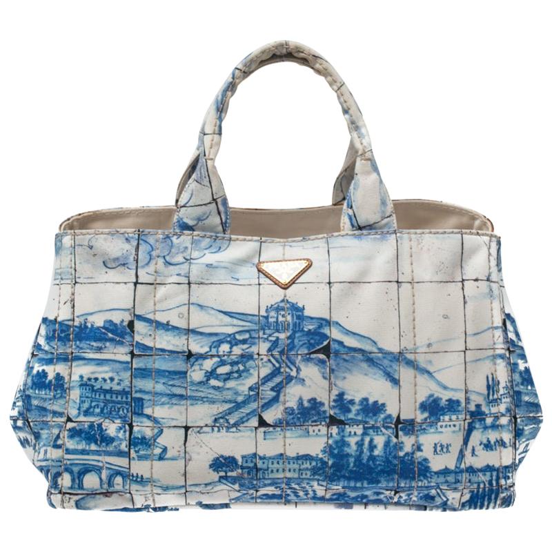 Prada Off White/Blue Printed Canvas Large Canapa Tote