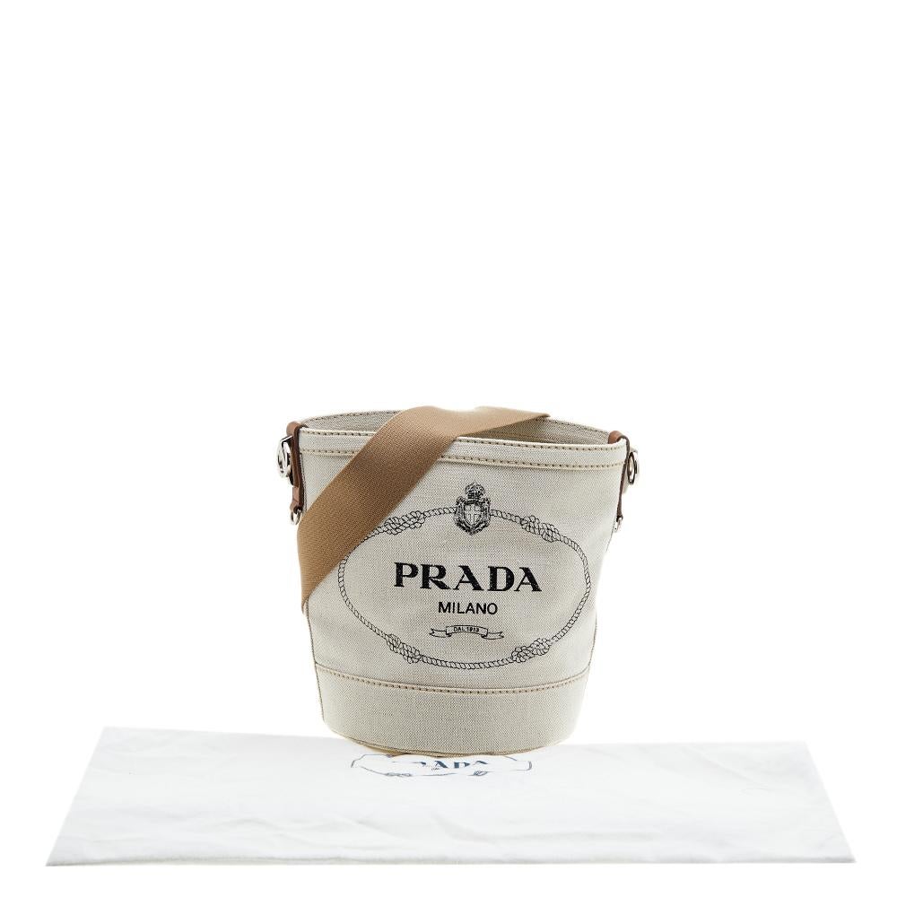 Prada Off White/Brown Canvas and Leather Small Logo Bucket Bag 3