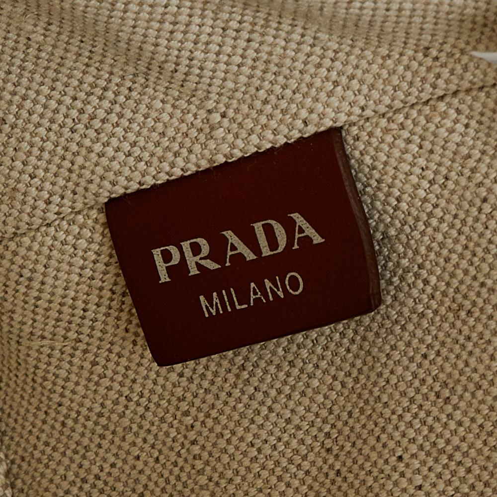 Gray Prada Off White/Brown Canvas and Leather Small Logo Bucket Bag