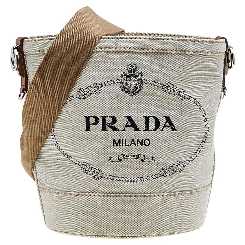 Prada Off White/Brown Canvas and Leather Small Logo Bucket Bag
