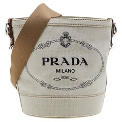 Used Prada Off White/Brown Canvas and Leather Small Logo Bucket Bag