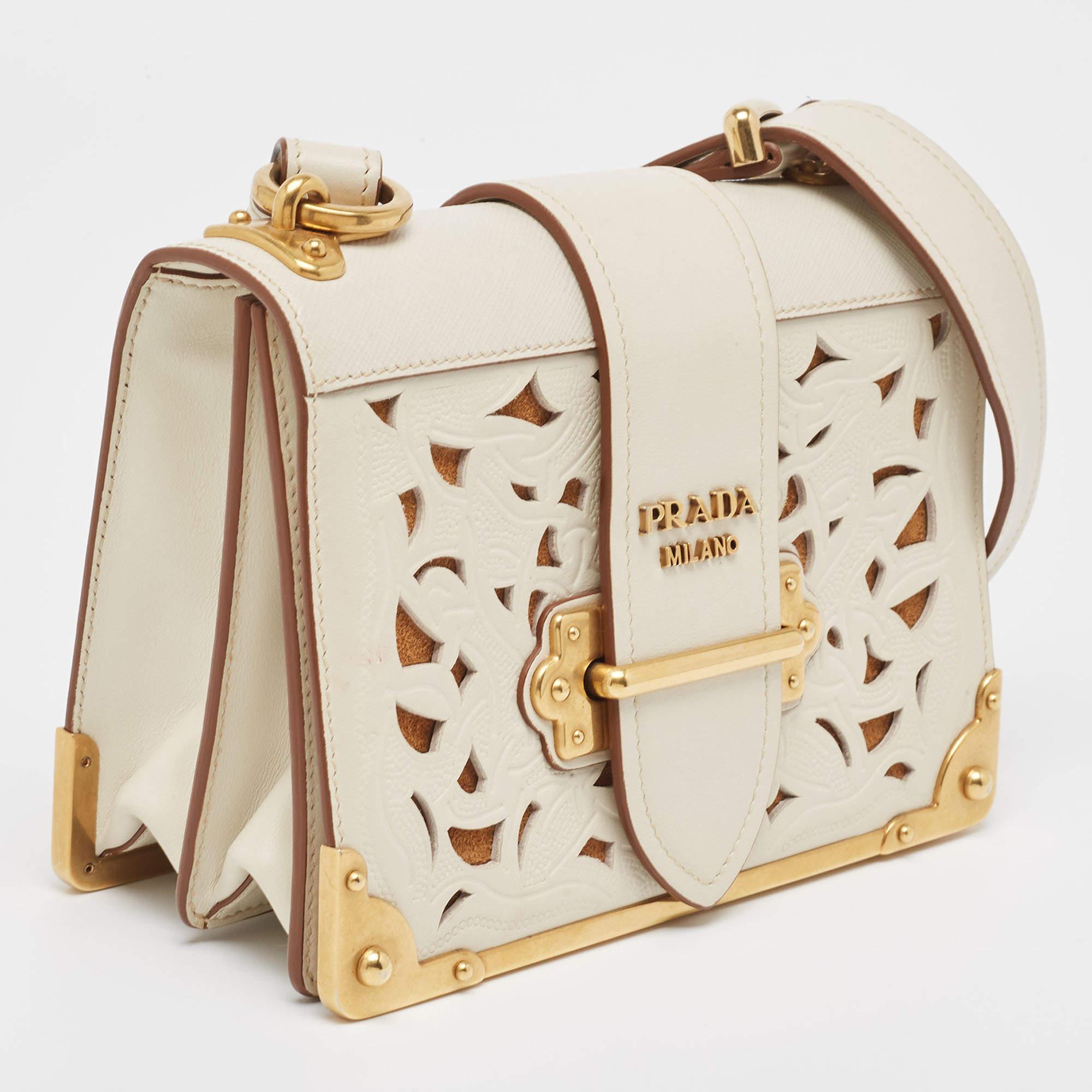 Prada Off White City Calf and Saffiano Leather Laser Cut Cahier Flap Shoulder  7