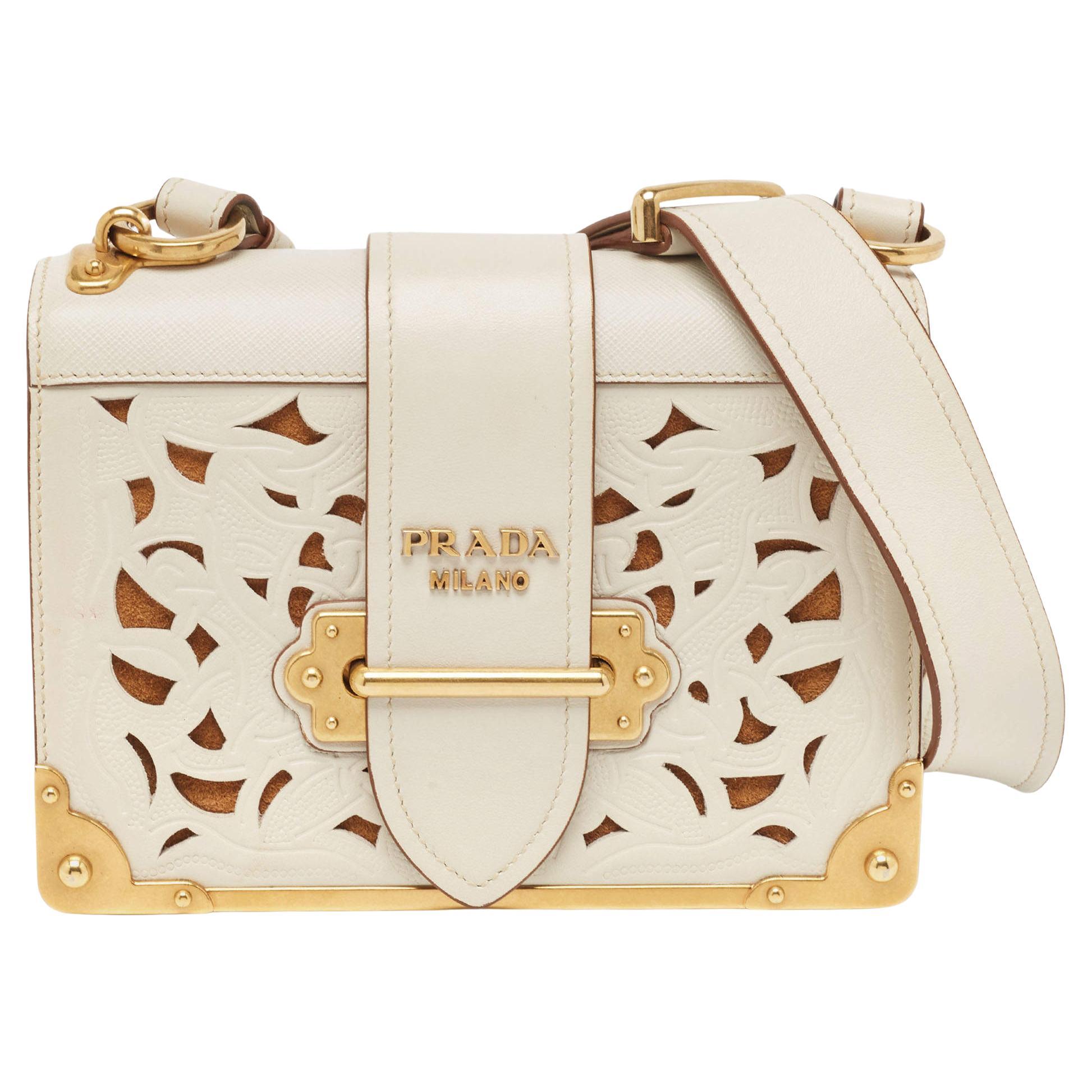 Prada Off White City Calf and Saffiano Leather Laser Cut Cahier Flap Shoulder 