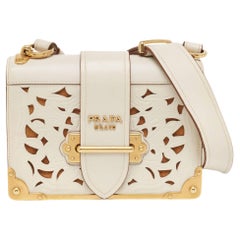 Prada Off White City Calf and Saffiano Leather Laser Cut Cahier Flap Shoulder 