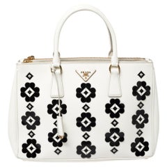 Prada Off White Floral Applique Patent Leather Medium Double Zip Tote