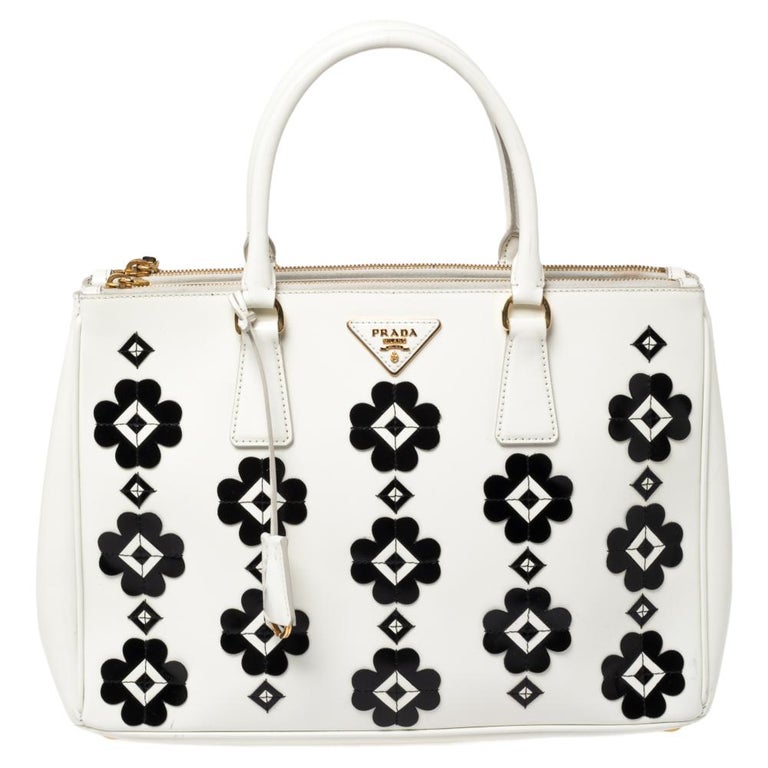 Prada Off White Floral Applique Patent Leather Medium Double Zip Tote For  Sale at 1stDibs