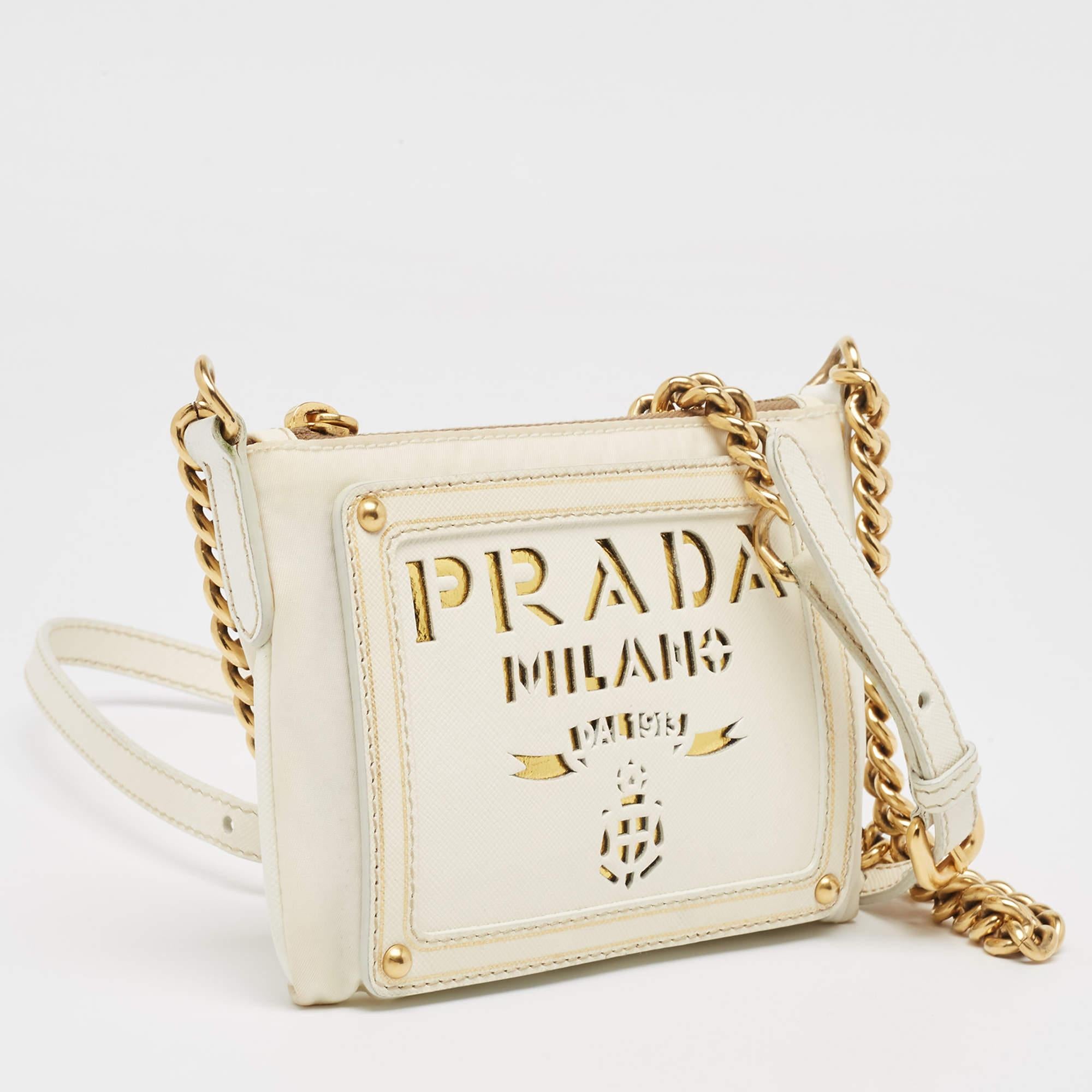 Prada Off White/Gold Nylon and Leather Oro Chain Crossbody Bag In Fair Condition In Dubai, Al Qouz 2
