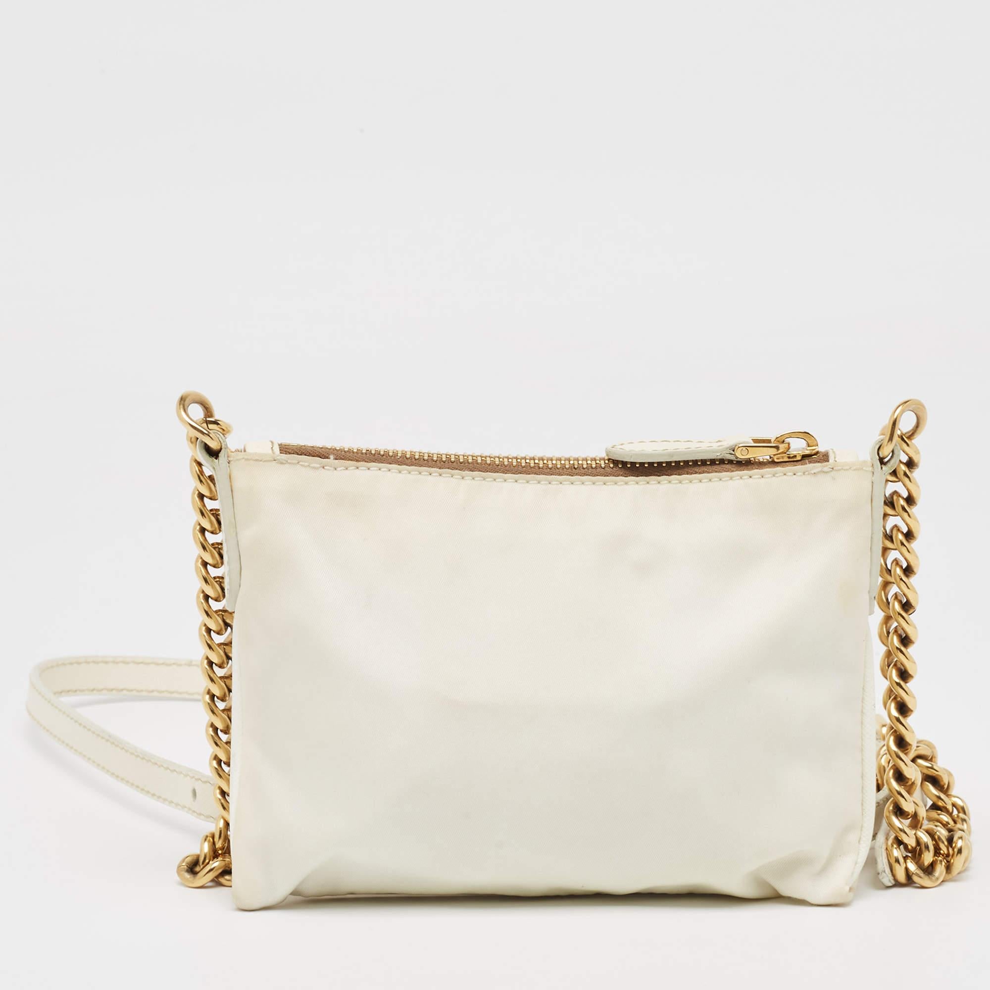 Women's Prada Off White/Gold Nylon and Leather Oro Chain Crossbody Bag