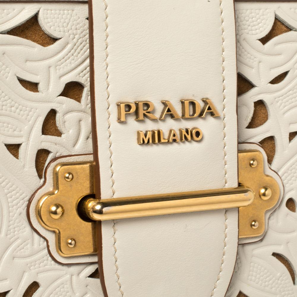 Prada Off White Laser Cut Leder Cahier Flap Umhängetasche 2