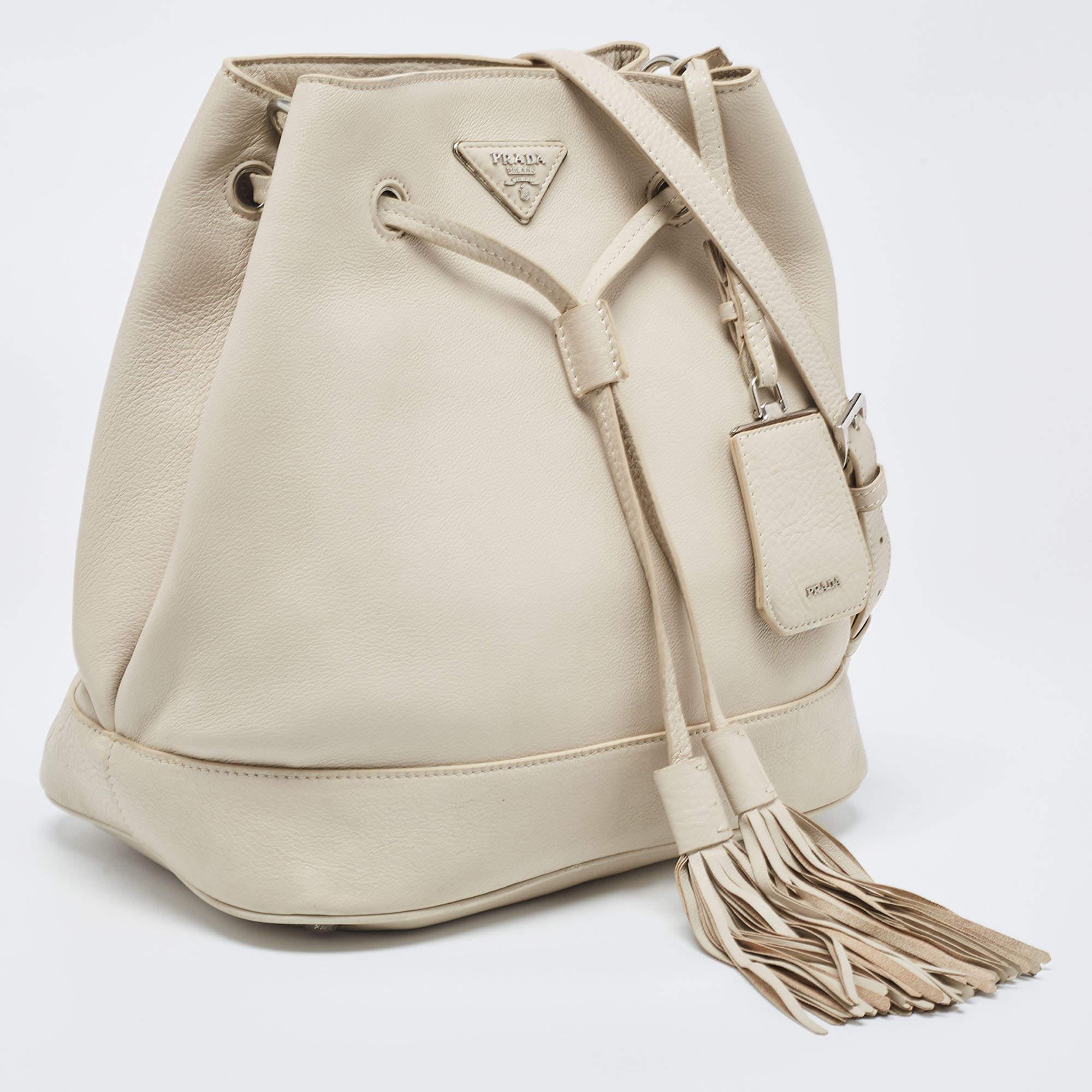 Women's Prada Off White Leather Drawstring Tassel Bucket Bag