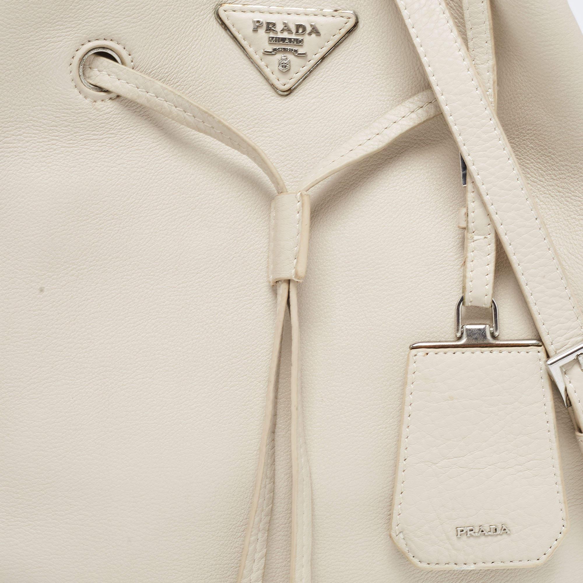 Prada Off White Leather Drawstring Tassel Bucket Bag 1