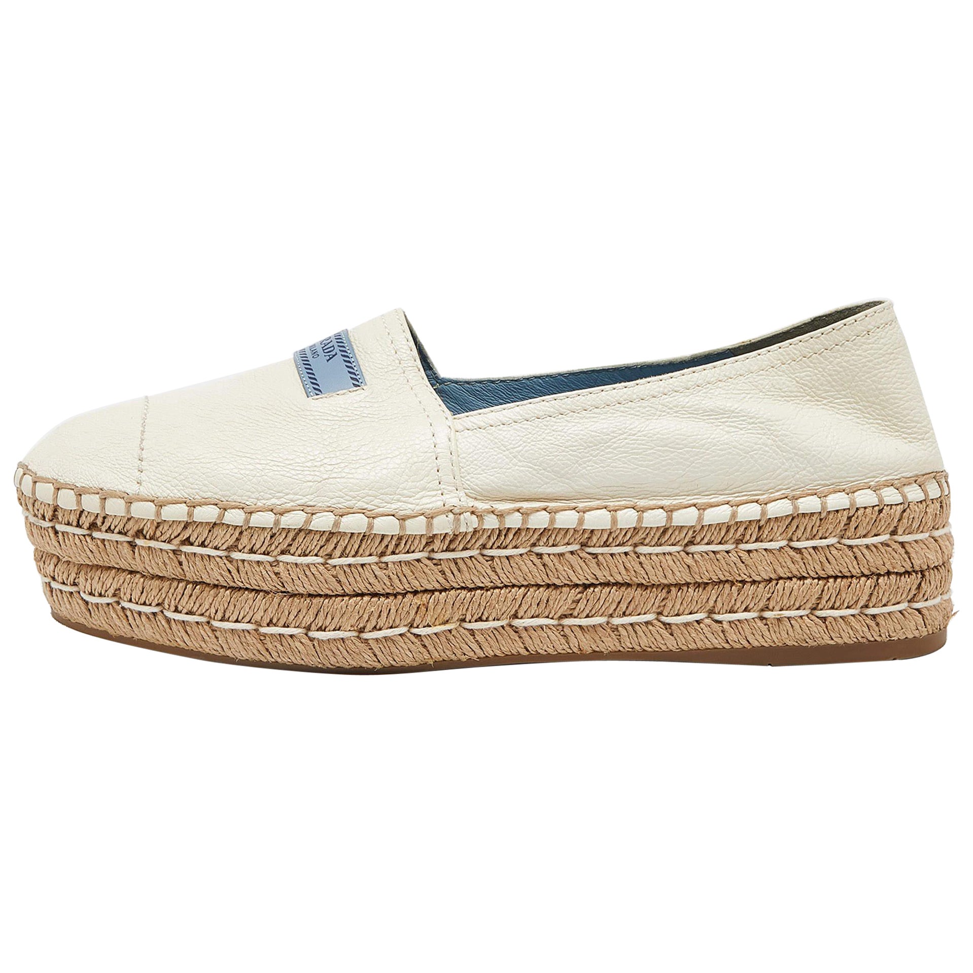 Prada Off White Leather Platform Espadrille Flats Size 39.5