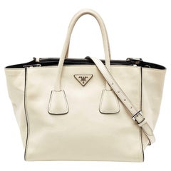 Prada Off White Leather Twin Pocket Tote