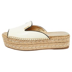 Prada Off White Patent Leather Espadrille Platform Slide Sandals Size 36.5