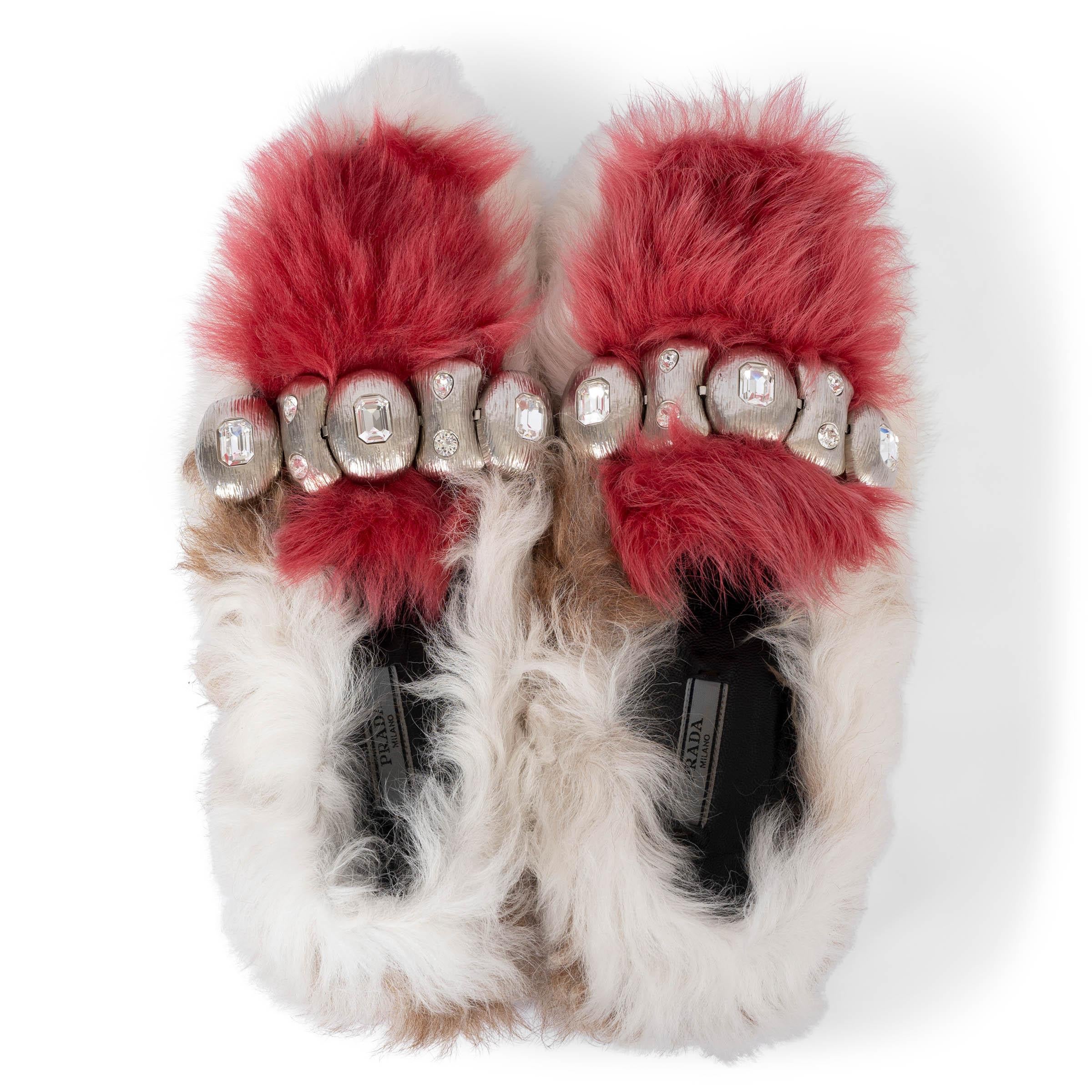 Women's PRADA off-white red 2017 CRYSTAL SHEARLING Moccasins Flats Shoes 39