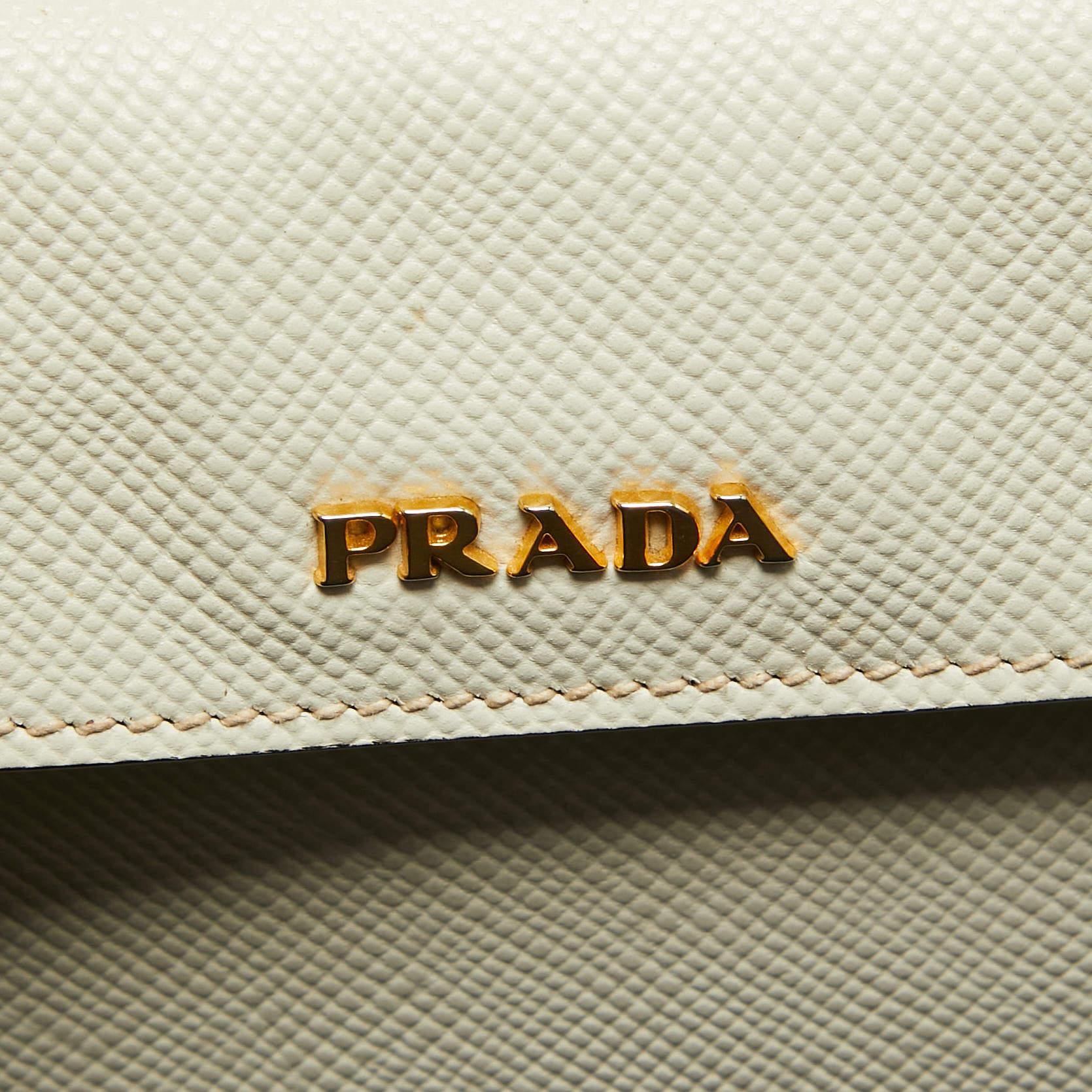 Prada Off White Saffiano Cuir Leather Double Handle Open Tote For Sale 2