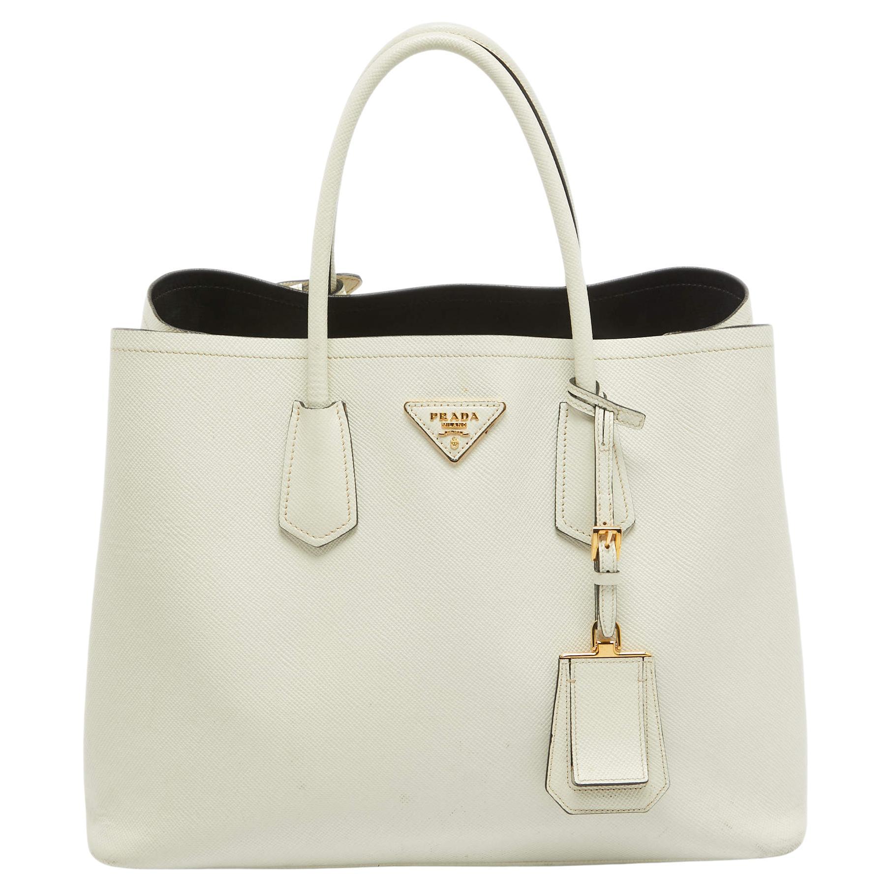 Prada Off White Saffiano Cuir Leather Double Handle Open Tote For Sale