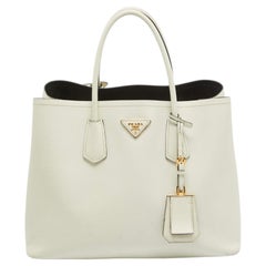 Used Prada Off White Saffiano Cuir Leather Double Handle Open Tote