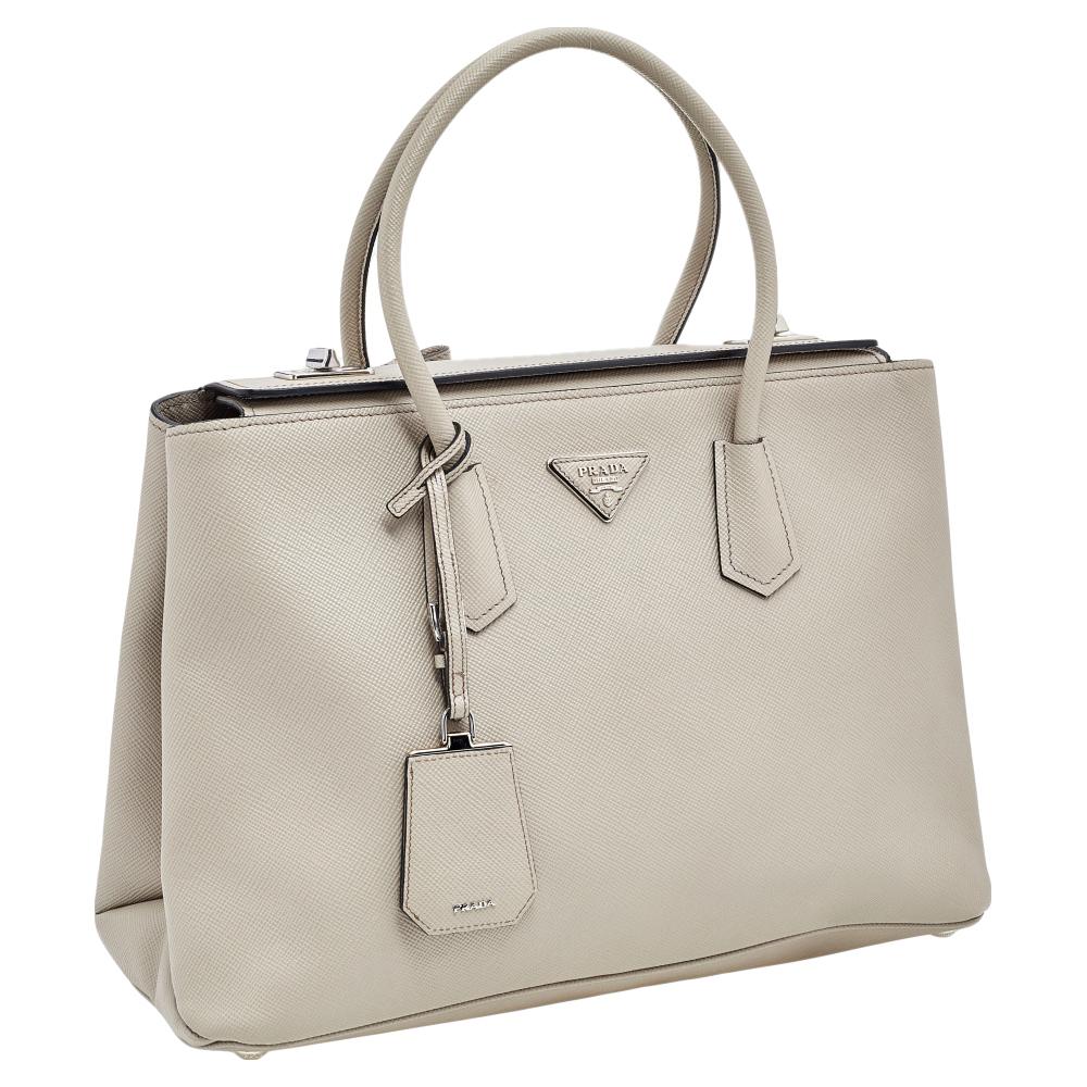 Prada Off White Saffiano Cuir Leather Medium Turnlock Twin Tote In Good Condition In Dubai, Al Qouz 2