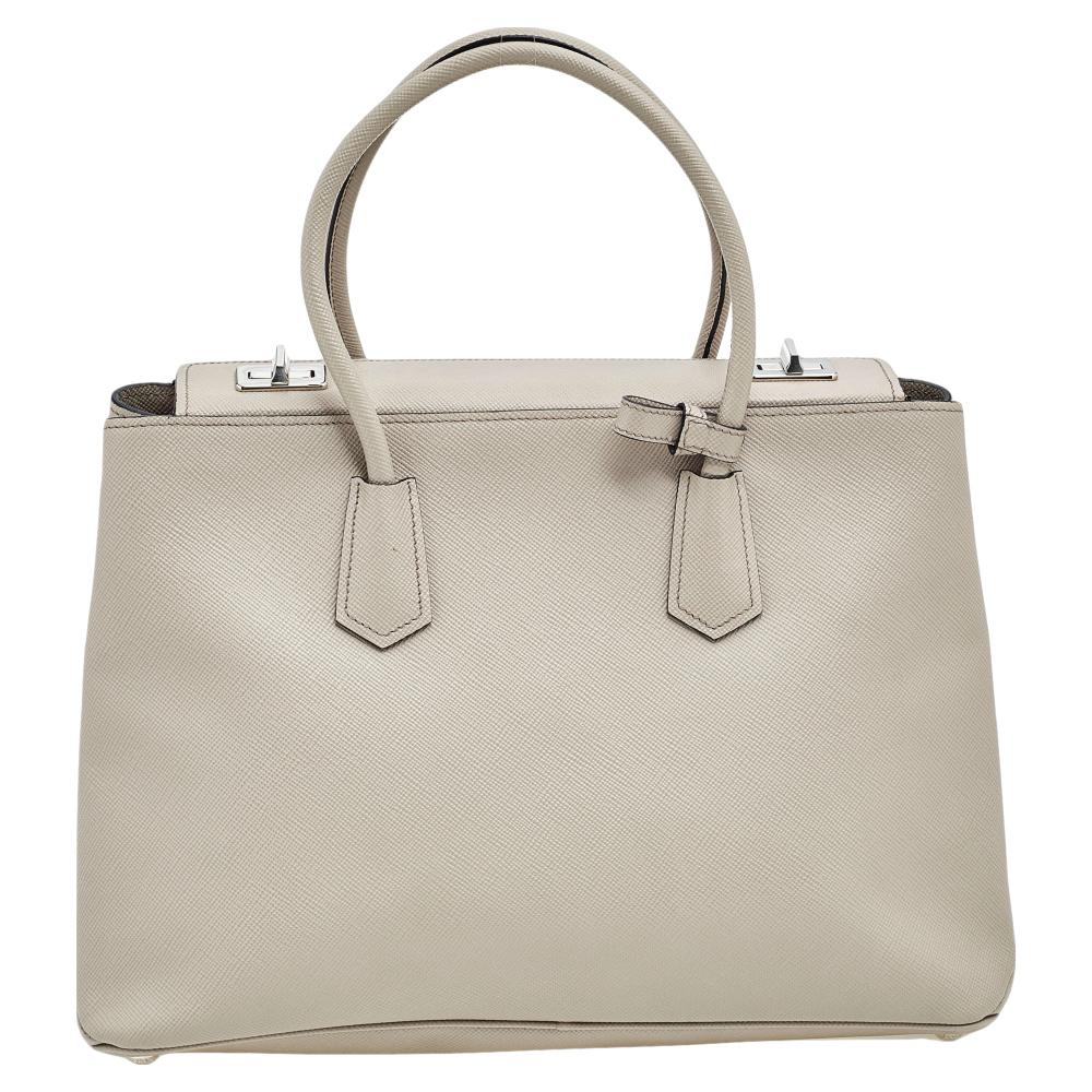 Women's Prada Off White Saffiano Cuir Leather Medium Turnlock Twin Tote