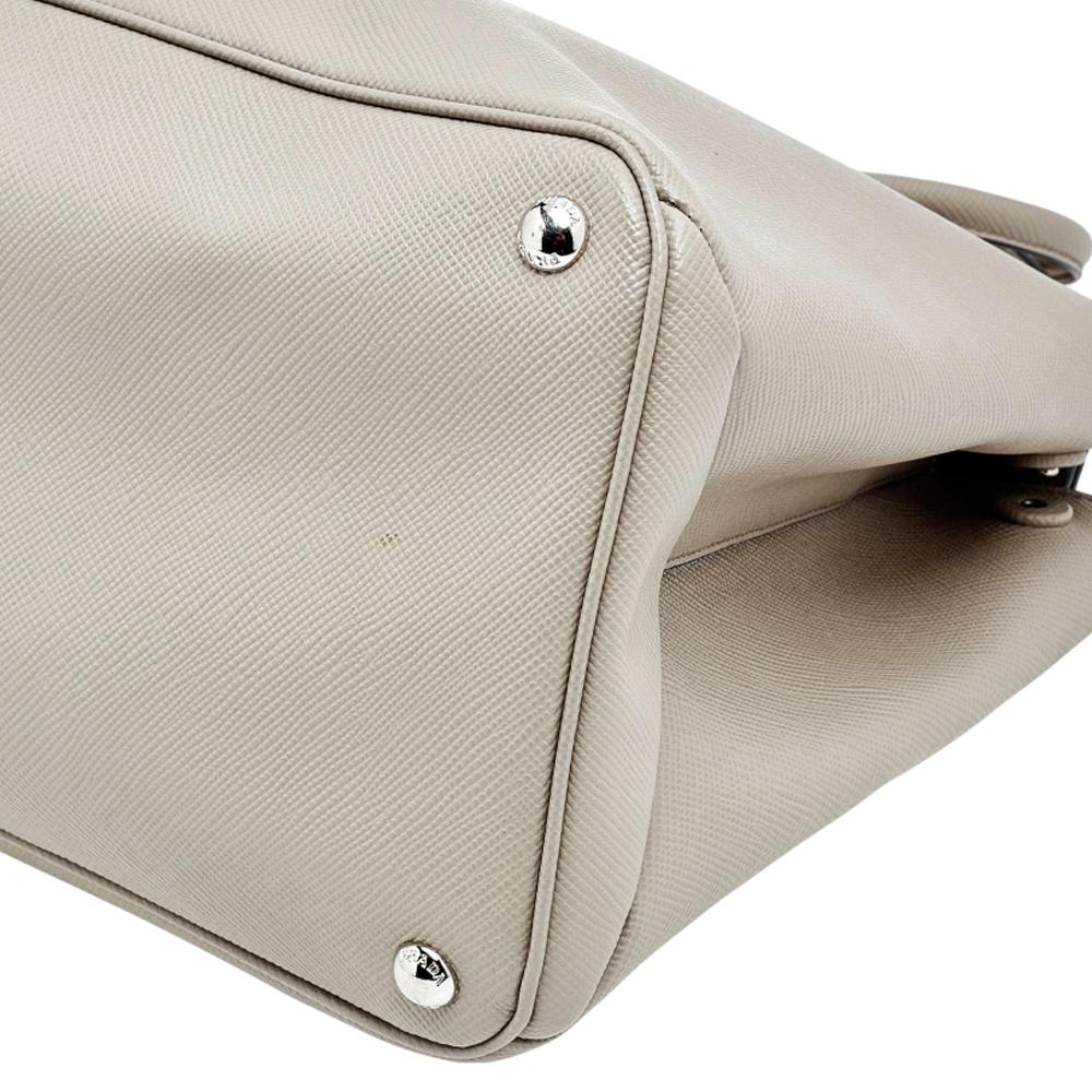 Prada Off White Saffiano Cuir Leather Medium Turnlock Twin Tote 3
