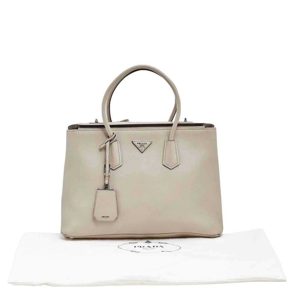 Prada Off White Saffiano Cuir Leather Medium Turnlock Twin Tote 5