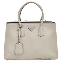 Prada Off White Saffiano Cuir Leather Medium Turnlock Twin Tote