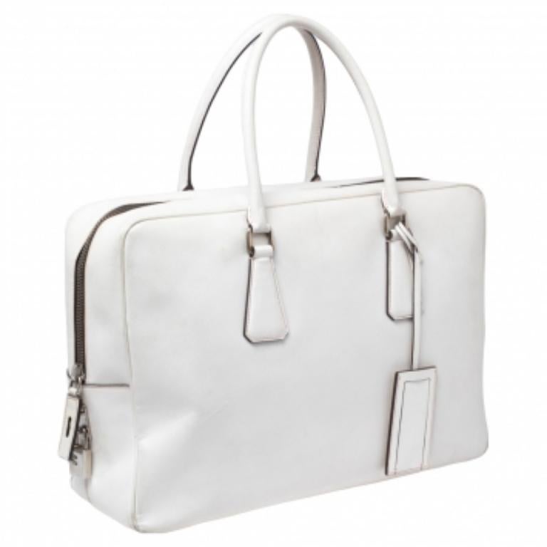 Prada Off-white Saffiano Leather Bauletto Bag In Fair Condition In Dubai, Al Qouz 2