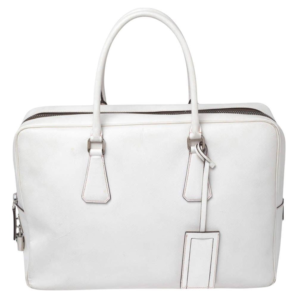 Prada Off-white Saffiano Leather Bauletto Bag For Sale
