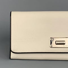 PRADA Off White Saffiano Leather Black Piping Silver Closure Wallet