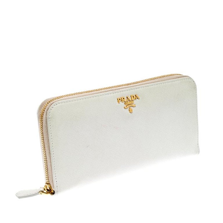 Prada Off White Saffiano Leather Zip Around Wallet For Sale at 1stDibs