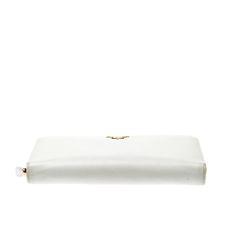 Prada Off White Saffiano Leather Zip Around Wallet For Sale at 1stDibs