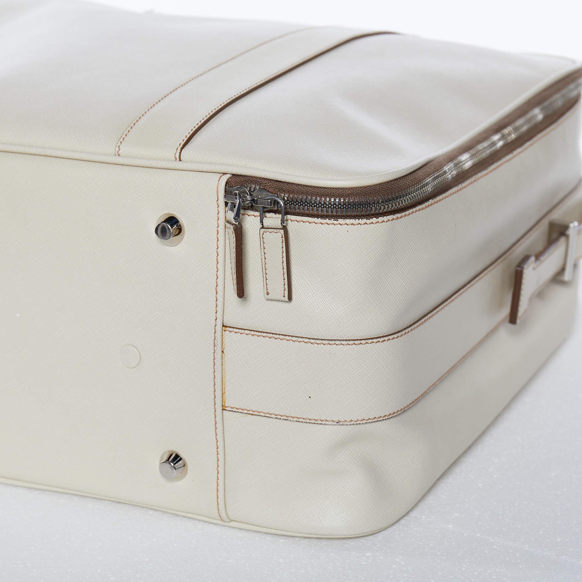 Prada Off White Saffiano Travel Valigia Suitcase In Good Condition In Dubai, Al Qouz 2