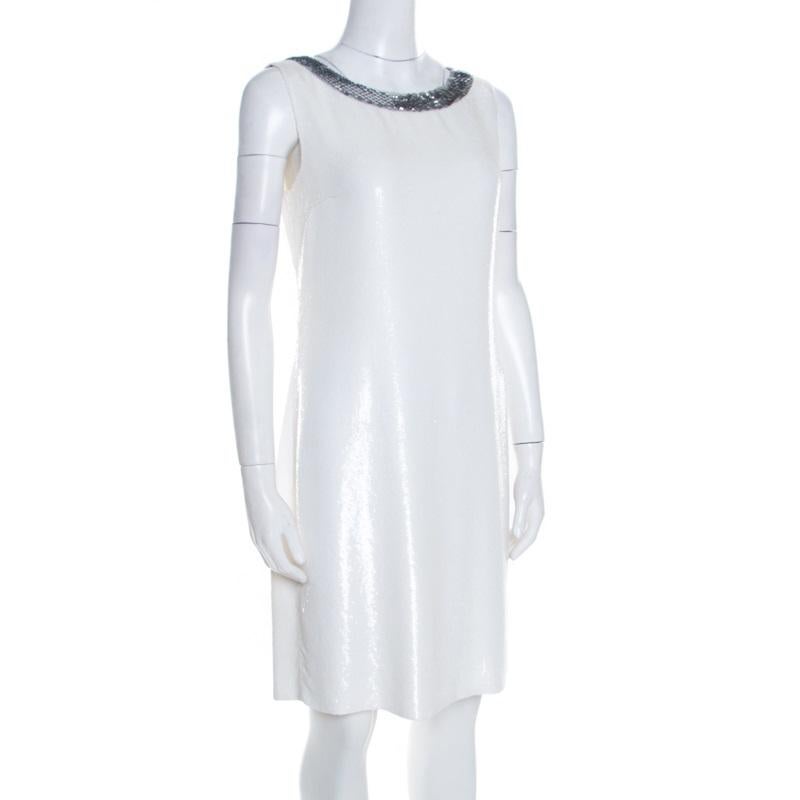 Gray Prada Off White Sequined Silk Sleeveless Shift Dress S